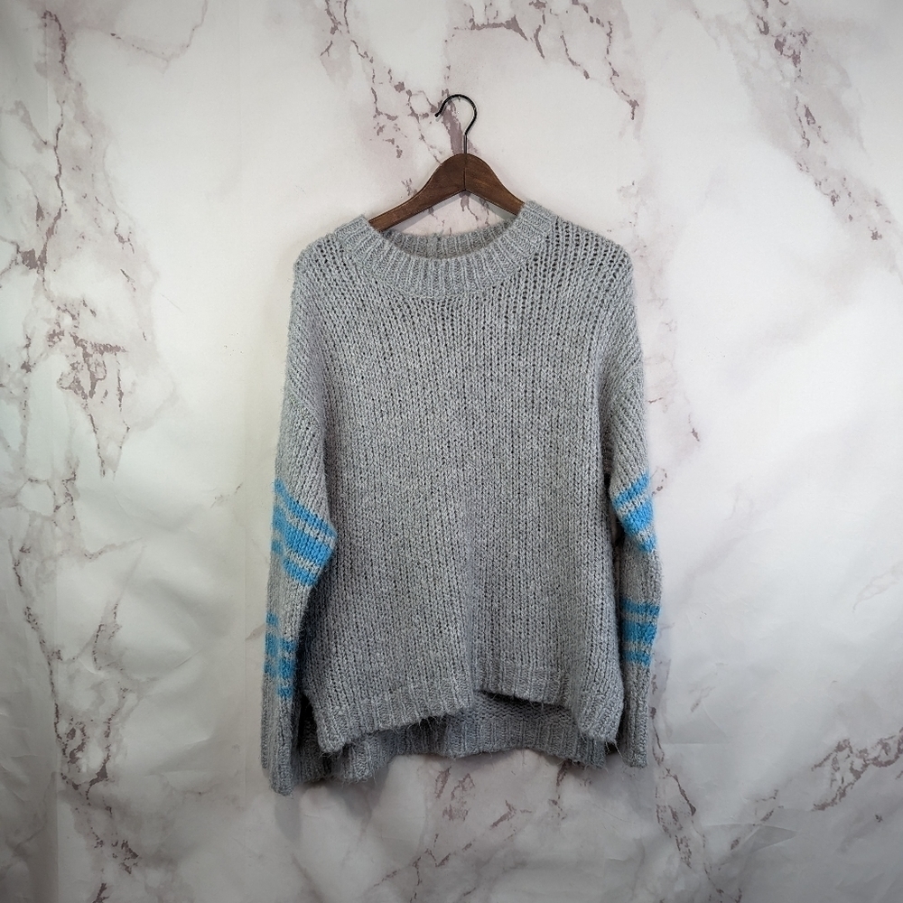 Aerie Sweater Womens Size XS Wool Crew Neck Gray Blue Knit Stripe Dolman Slouch